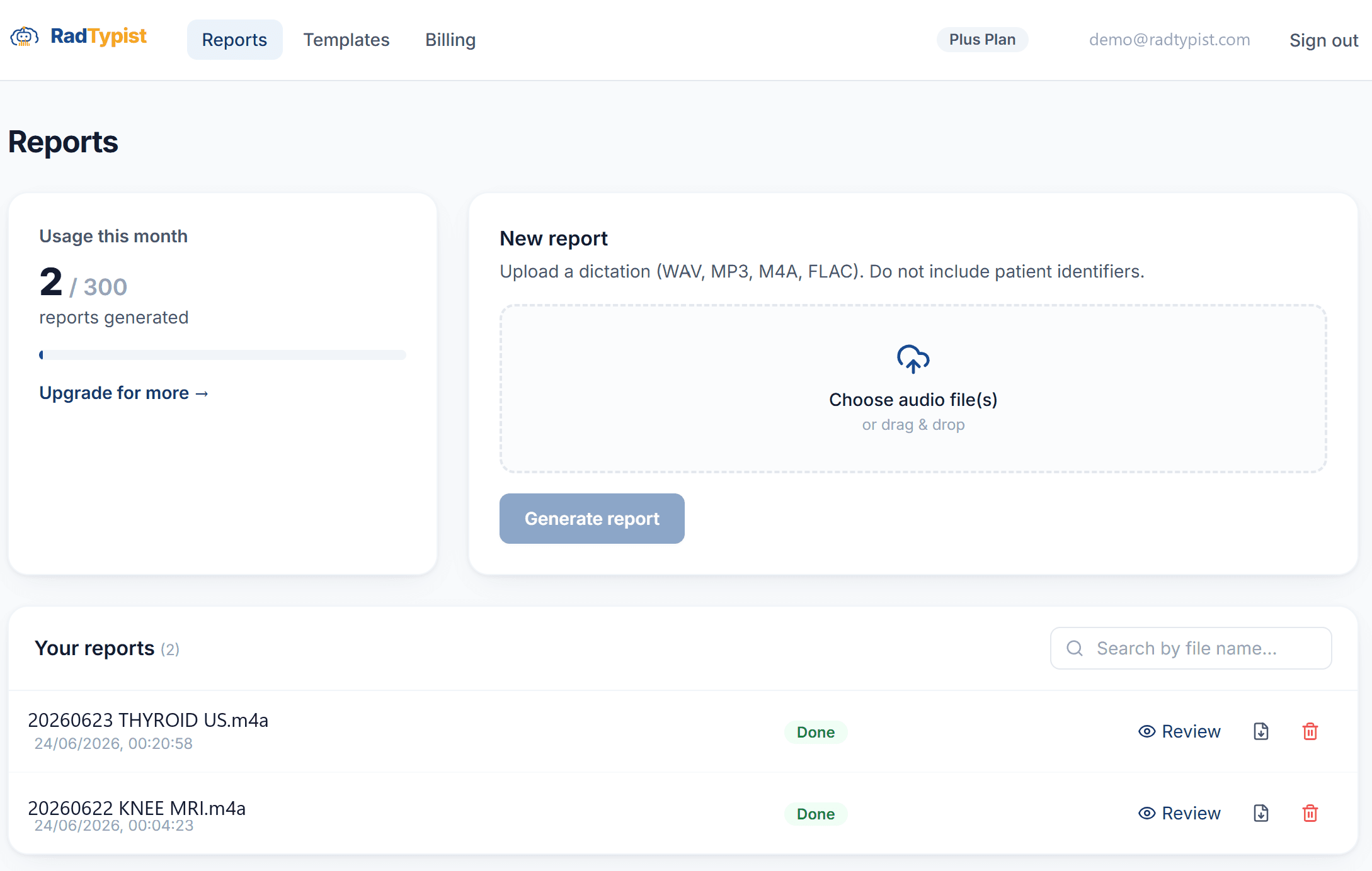 The RadTypist dashboard — usage this month, a new-report upload box, and a list of generated reports ready to review and download.