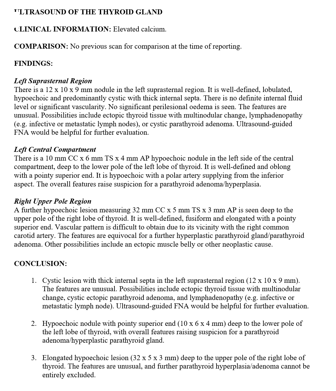 A generated radiology report — an ultrasound of the thyroid gland with structured findings and a numbered conclusion, exported as a .docx.